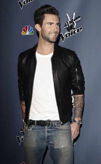 Adam Levine wearing Black Leather Bomber Jacket, White Crew-neck T-shirt, Blue Jeans, Black Leather Belt