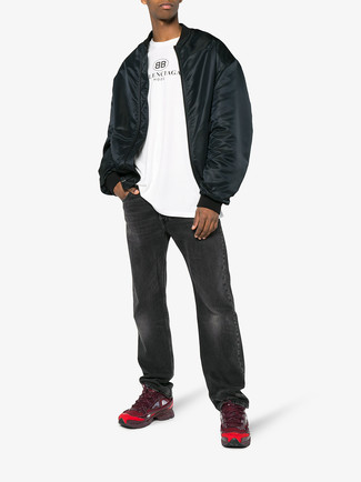Men's Black Bomber Jacket, White Print Crew-neck T-shirt, Charcoal Jeans, Burgundy Athletic Shoes