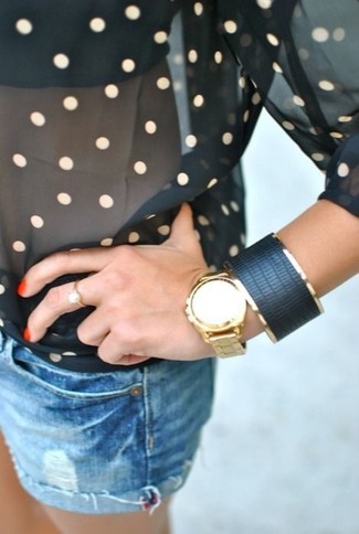 Women's Gold Watch, Black Leather Bracelet, Blue Denim Shorts, Black Polka Dot Chiffon Long Sleeve Blouse