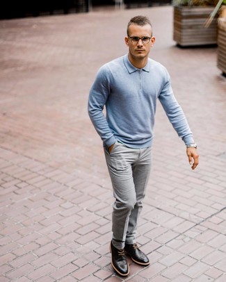 Light Blue Polo Neck Sweater Dressy Outfits For Men: 