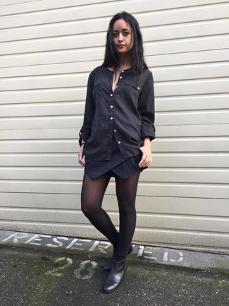 Women's Black Button Down Blouse, Navy Mini Skirt, Black Leather Ankle Boots