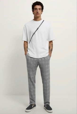 Men's Black Canvas Slip-on Sneakers, Grey Plaid Chinos, White Crew-neck T-shirt