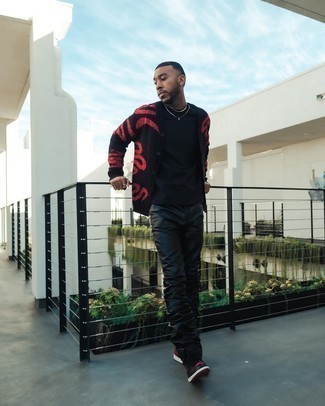 Men's Black Print Cardigan, Black Crew-neck T-shirt, Black Leather Jeans, Red and Black Leather Low Top Sneakers