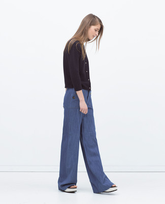 Wide Leg Pull On Chambray Pants Blue