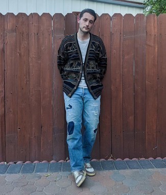 Light Blue Ripped Jeans Outfits For Men: To don an off-duty outfit with an urban twist, go for a black print cardigan and light blue ripped jeans. Add a pair of white leather low top sneakers to the mix for an instant style upgrade.