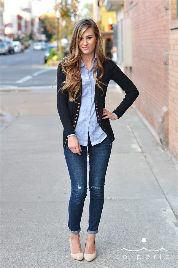 blue dress black cardigan