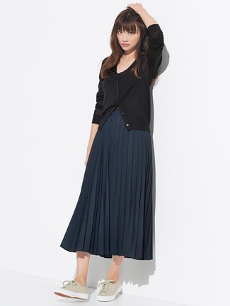 Blue Pleated Midi Skirt with Sneakers Outfits: This combo of a black cardigan and a blue pleated midi skirt makes for the perfect foundation for a great number of chic combos. To bring a laid-back vibe to your outfit, add a pair of sneakers to this ensemble.