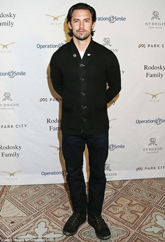 Milo Ventimiglia wearing Black Cardigan, White Crew-neck T-shirt, Navy Jeans, Black Suede Casual Boots