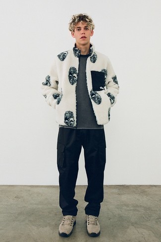 White Print Fleece Zip Sweater Outfits For Men: 