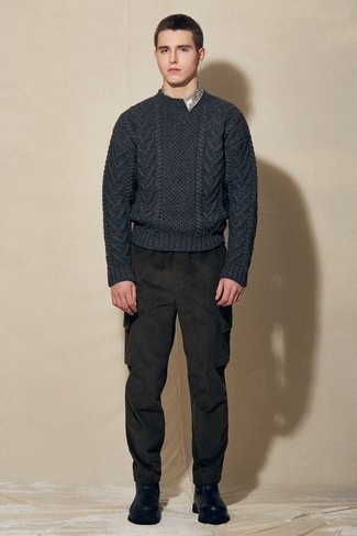 Charcoal Cable Sweater Outfits For Men: 
