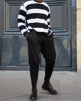 White and Black Horizontal Striped Long Sleeve T-Shirt Outfits For Men: 