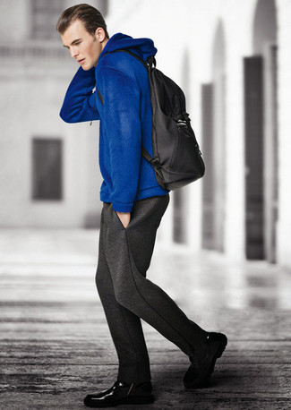 Men's Black Backpack, Black Leather Casual Boots, Charcoal Sweatpants, Blue Hoodie