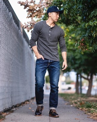 Men's Navy and White Print Baseball Cap, Black Leather Casual Boots, Navy Jeans, Charcoal Long Sleeve Henley Shirt