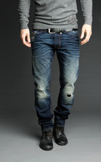 Men's Black Leather Belt, Black Leather Casual Boots, Navy Ripped Jeans, Grey Crew-neck Sweater