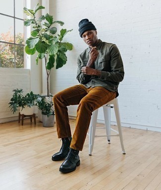 Men's Navy Beanie, Black Leather Casual Boots, Tobacco Corduroy Chinos, Olive Long Sleeve Shirt