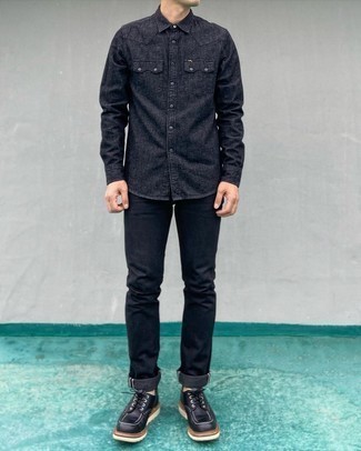 Men's Black Chambray Long Sleeve Shirt, Black Jeans, Black Leather Derby Shoes