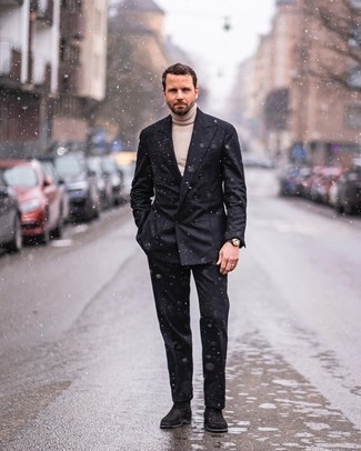 Black Suit with Chelsea Boots Outfits: 