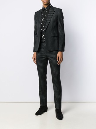 Men's Black Leather Belt, Black Suede Chelsea Boots, Black and White Print Dress Shirt, Black Vertical Striped Suit