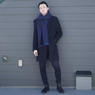 Men's Navy Scarf, Black Leather Chelsea Boots, Black Chinos, Black Overcoat