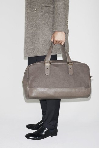 Men's Grey Leather Holdall, Black Leather Chelsea Boots, Black Dress Pants, Grey Overcoat