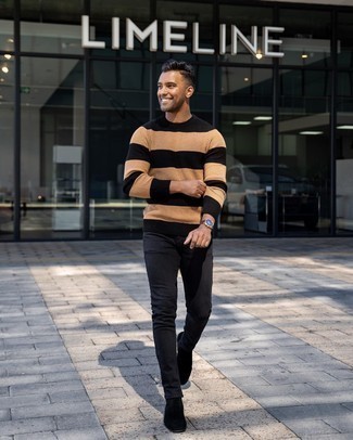 Tan Horizontal Striped Crew-neck Sweater Outfits For Men: 