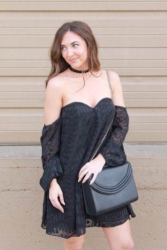 Black Leather Crossbody Bag Outfits: Inject a relaxed touch into your day-to-day arsenal with a black chiffon off shoulder dress and a black leather crossbody bag.