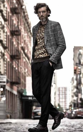 Grey Check Wool Blazer Outfits For Men: 