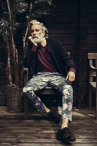Aiden Shaw wearing Black Suede Derby Shoes, Black Floral Chinos, Burgundy Crew-neck Sweater, Black Suede Bomber Jacket