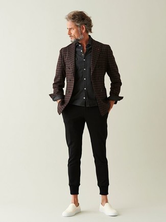 Dark Brown Check Wool Double Breasted Blazer Outfits For Men: 