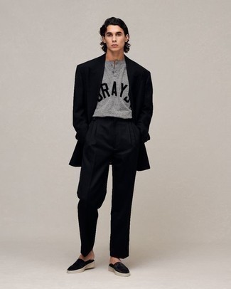 Men's Black Suede Loafers, Black Chinos, Grey Print Henley Shirt, Black Overcoat