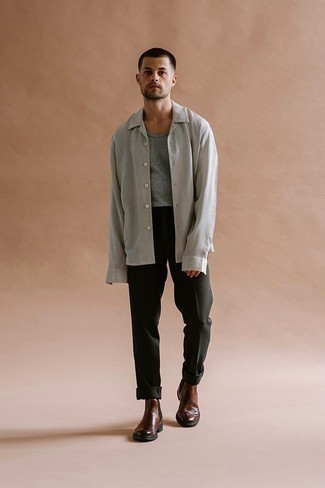 Men's Dark Brown Leather Chelsea Boots, Black Chinos, Grey Tank, White and Black Check Long Sleeve Shirt