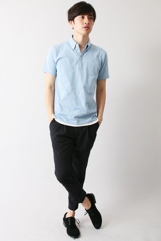 Men's Black Suede Derby Shoes, Black Chinos, Light Blue Polo, White Tank