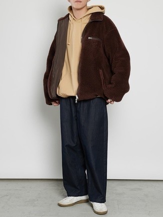 Dark Brown Fleece Bomber Jacket Outfits For Men: 