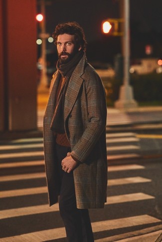 Dark Brown Knit Scarf Outfits For Men: 