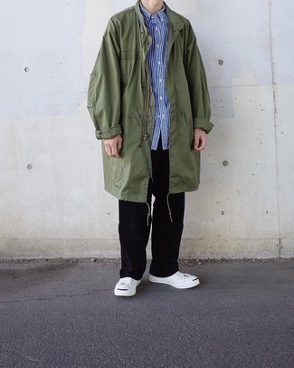 Men's White Canvas Low Top Sneakers, Black Corduroy Chinos, White and Navy Vertical Striped Short Sleeve Shirt, Olive Raincoat