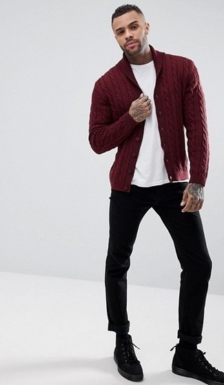 Burgundy Shawl Cardigan Outfits For Men: 