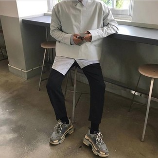 Men's Grey Athletic Shoes, Black Chinos, White Long Sleeve Shirt, Grey Sweatshirt