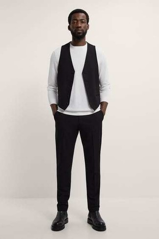 Black Waistcoat with Black Chinos Outfits: 