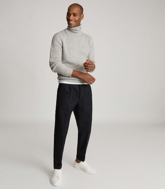 Men's White Leather Low Top Sneakers, Black Vertical Striped Chinos, White Tank, Grey Knit Turtleneck