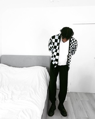 Black and White Check Cardigan Outfits For Men: 