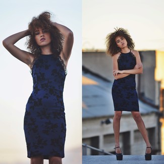 Navy Floral Sheath Dress Outfits: 