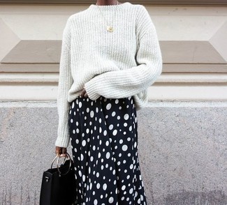 Black and White Polka Dot Midi Skirt Outfits: 