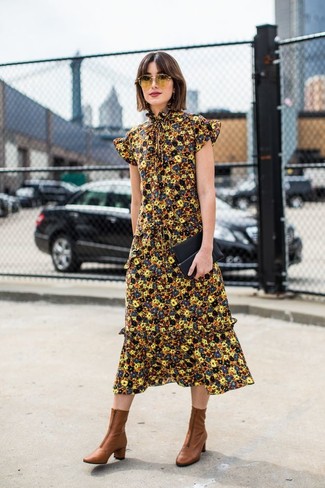 Women's Yellow Sunglasses, Black Leather Clutch, Brown Leather Ankle Boots, Yellow Floral Midi Dress