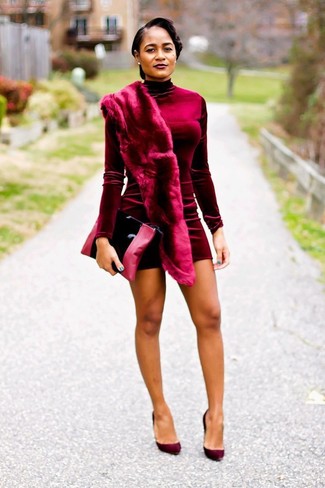 Burgundy Fur Scarf Outfits For Women: 