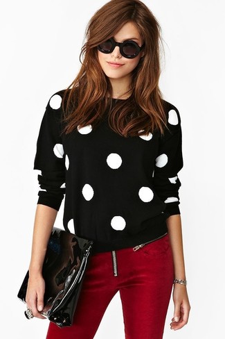 Black and White Polka Dot Crew-neck Sweater Outfits For Women: 