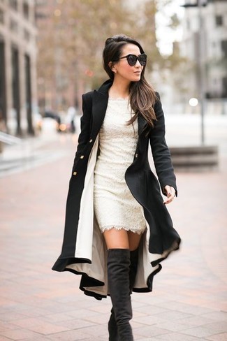 Women's Black Coat, Beige Lace Sheath Dress, Black Suede Over The Knee Boots, Black Sunglasses