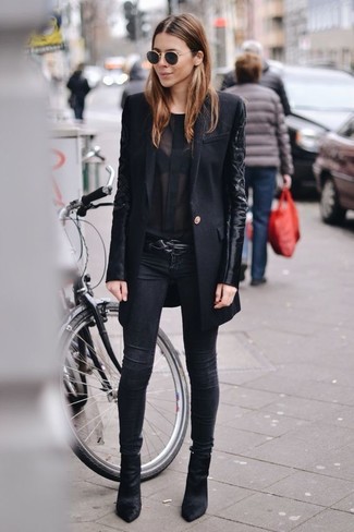 Women's Black Coat, Black Chiffon Long Sleeve Blouse, Black Skinny Jeans, Black Suede Ankle Boots