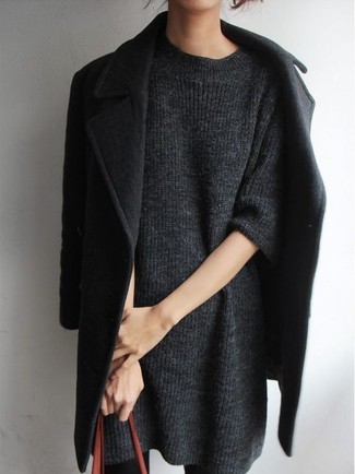 Chiffon Trim Wool Sweaterdress Dark Gray