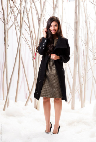 Black Coat Outfits For Women: Swing into something classic yet trendy with a black coat and a gold sheath dress. When it comes to footwear, this outfit pairs really well with black suede pumps.