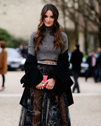Women's Black Coat, Grey Cropped Sweater, Black Embroidered Tulle Midi Skirt, Hot Pink Leather Clutch
